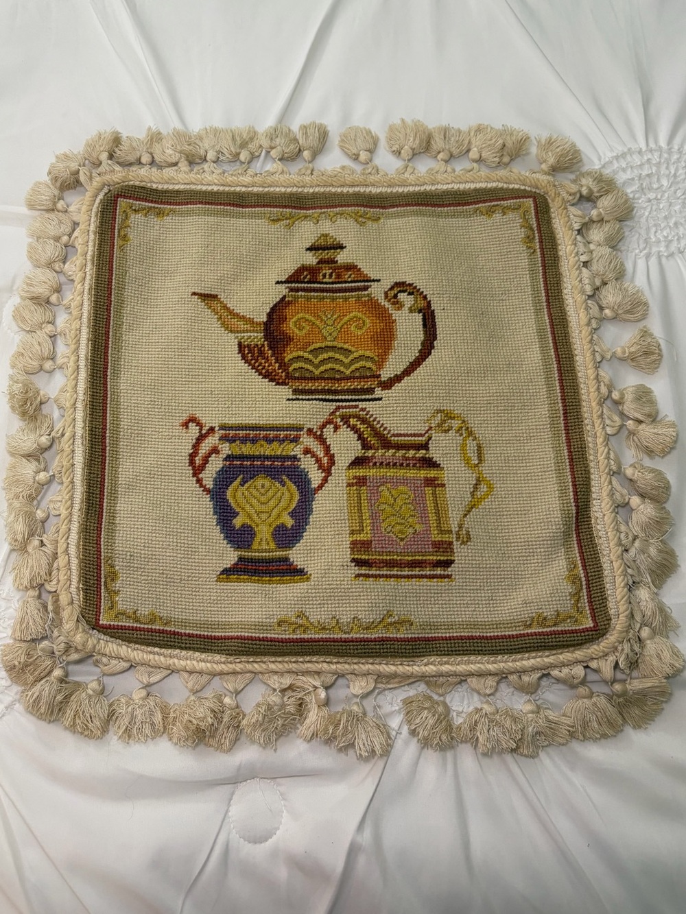 Vintage Tea Pot Needlepoint Fringe Cottagecore Accent Pillow Cover